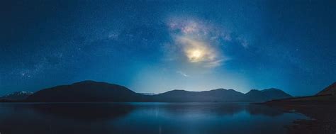 Montagnes Lac Lune Nuit Ciel Nocturne Longue Exposition Fond D