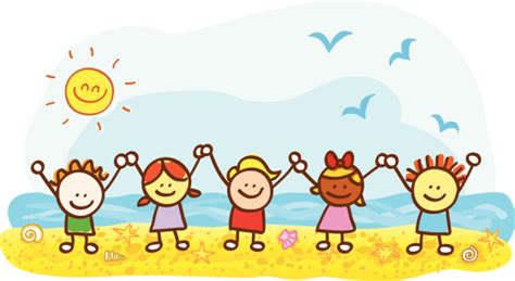 Happy Kids At Summer Holiday Beach Cartoon Illustration Stock