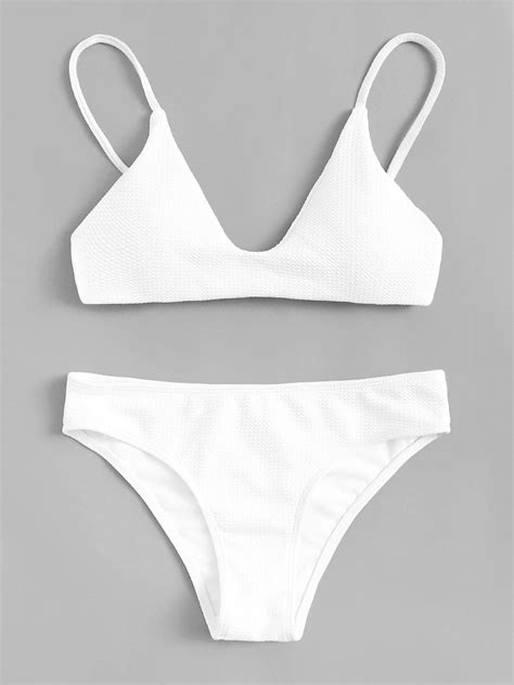 White Swimsuit Solid Spaghetti Strap Cami Top With Bikini Bottom