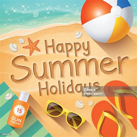 Summer Background With Text On Sand Happy Summer Holidays Stock