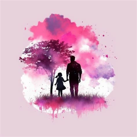 Premium Photo Father And Daughter Silhouette Watercolor Painting Pink