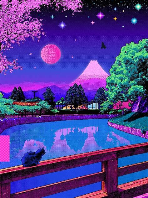 Aesthetic 80s Pixel Art Japan Design Kawaii Cat Poster