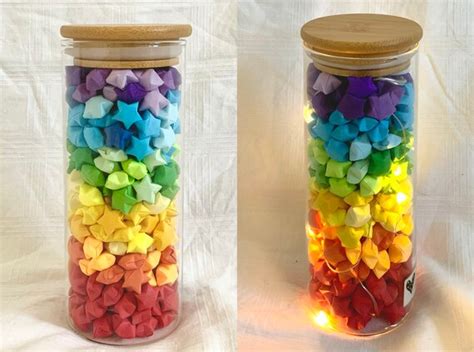 Rainbow Star Jar With Lights Tall Star Jar Origami Paper Etsy