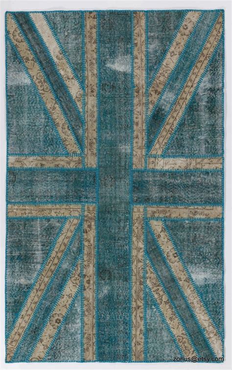 Union Jack British Flag Design Patchwork Rug Turquoise And Teal Etsy
