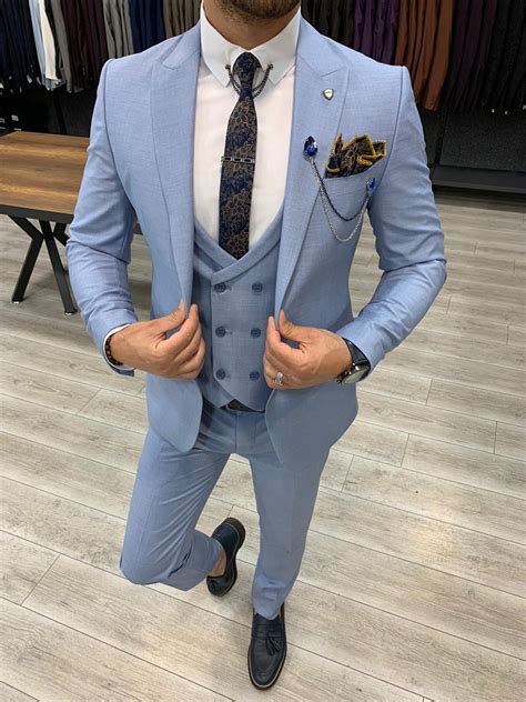 Buy Sky Blue Slim Fit Wool Suit By With Free Shipping