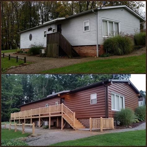 Before And After Picture Of Vinyl To Steel Log Siding Red Cedar Siding