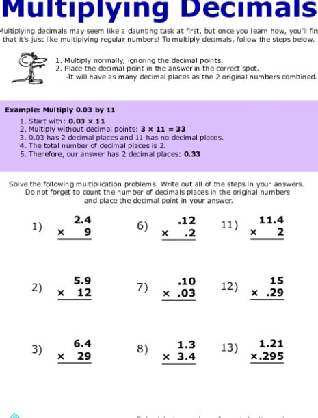 Multiplying Decimals Practice Worksheet