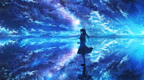 Hd Wallpaper Anime Original Girl Reflection Shooting Star Starry