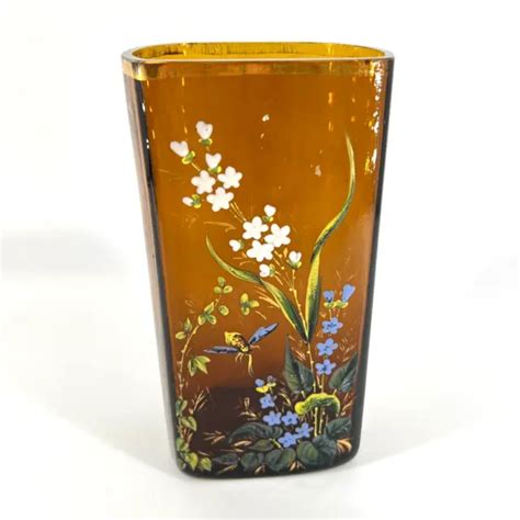 Antique Bohemian Moser Art Glass Hand Painted Enamel Bee Flowers Vase 175 50 Picclick