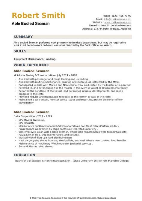 When writing a resume for seaman 2021, you must describe your work experience in a similar position, if you have such experience, knowledge, describe your positive professional features. Able Bodied Seaman Resume Samples | QwikResume