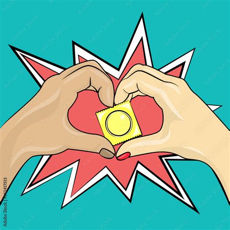 safe sex vector illustration male and female hands are holding a condom in yellow pack pop art