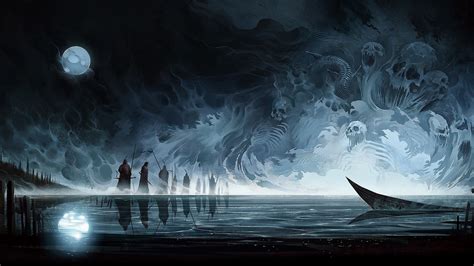 Wallpaper Boat Night Abstract Lake Water Moon Science Fiction