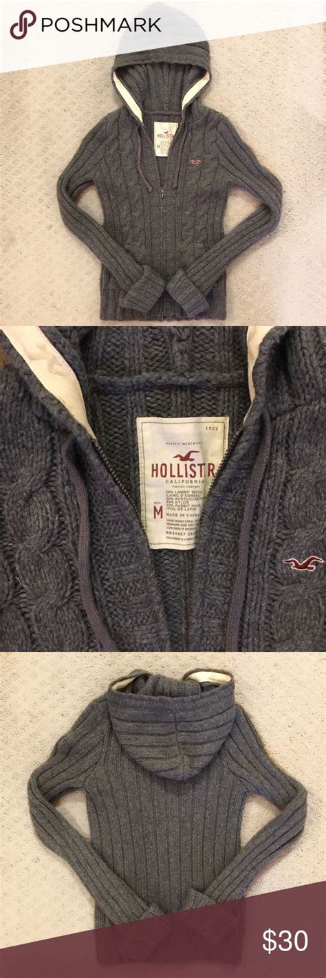 Hollister Cable Knit Grey Zip Up Hooded Sweater M Grey Zip Ups