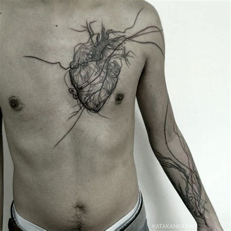 Really Neat Abstract Modern Art Chest Tattoo Idea Anatomical Heart And
