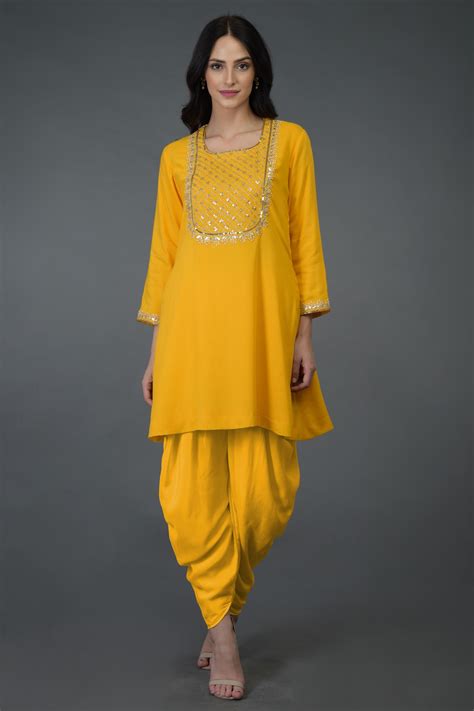 Buy Yellow Cotton Silk Square Neck Embellished Kurta Dhoti Pant Set For Women By Talking Threads