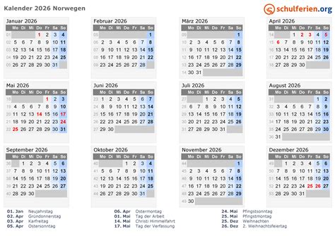 Kalender Norwegen 2026 Mit Feiertage