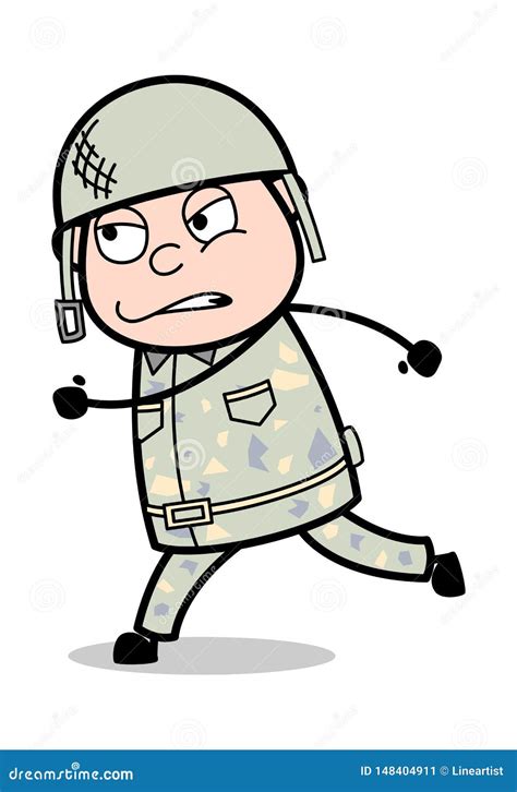 Running Pose Cute Army Man Cartoon Soldier Vector Illustration Stock