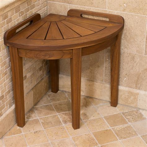 Premium Solid Teak Wood Corner Shower Seat Seat Mildew Resistant Warm Chestnut Shower And Bath Seats