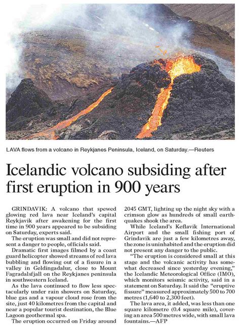 Dawn Epaper Mar 21 2021 Icelandic Volcano Subsiding After First