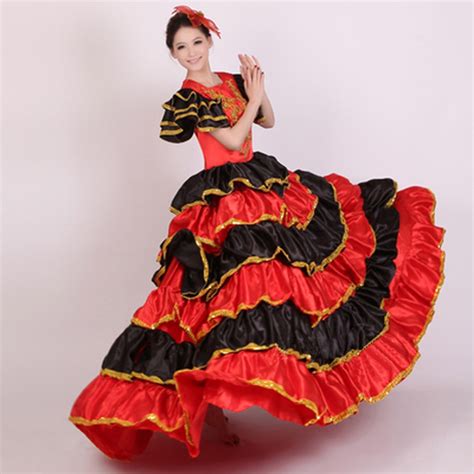 Women Spanish Flamenco Belly Dance Costume Red Swing Circle Maxi Dress