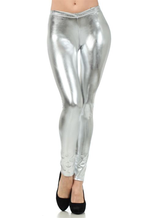 Sakkas Footless Liquid Wet Look Shiny Metallic Stretch Leggings Silver Small