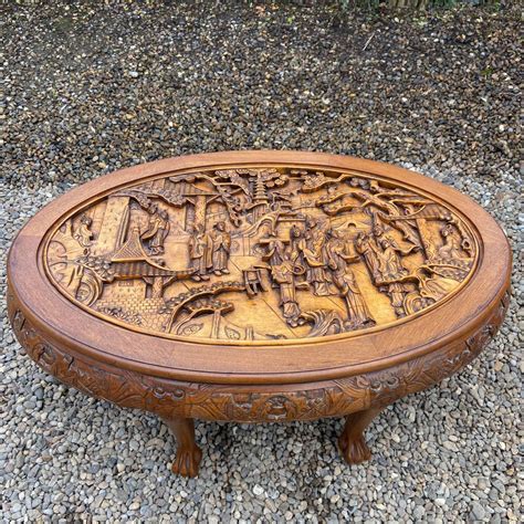 Oriental Carved Coffee Tea Table With 6 Stools Oriental Antiques
