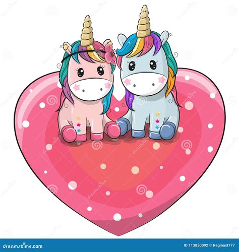 Two Cute Unicorns Are Sitting On A Heart Stock Vector Illustration Of