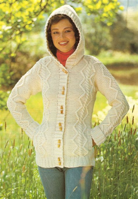 Vintage Knitting Pattern Ladys Aran Jacket With Toggles And Hood Pdf