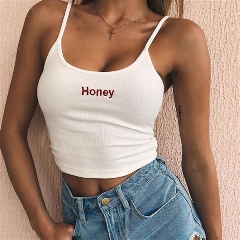 2018 Summer New Tanks Top Women Honey Embroidery Letter Sexy Fitness