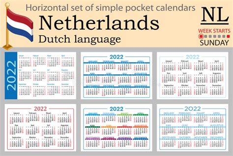 Dutch Horizontal Pocket Calendar For 2022 Week Starts Sunday Stock