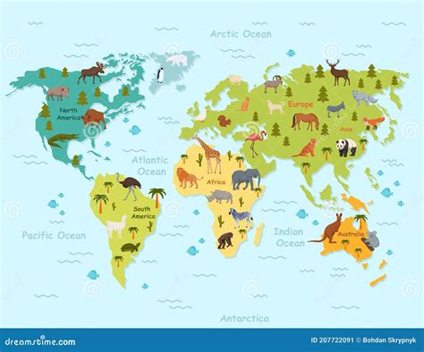 Habitat Animals On World Map Clipart Green Topographic Continents With