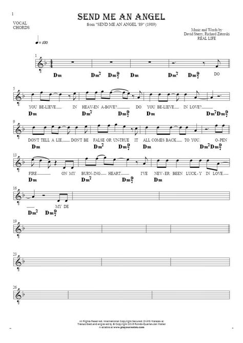 Send Me An Angel Notes Lyrics And Chords For Vocal With Accompaniment Playyournotes