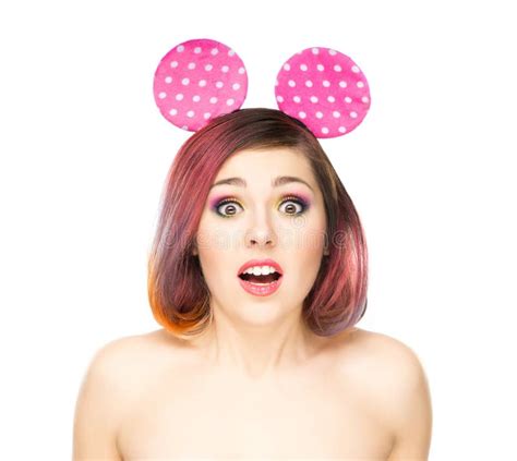 Beautiful Surprised Woman In Mickey Mouse Ears Stock Image Image Of