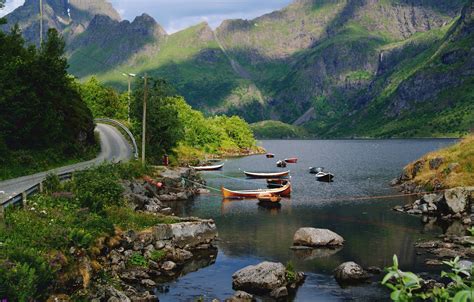 Wallpaper Mountains Lake Stones Boats Norway Nordland County