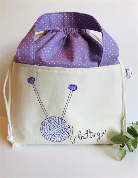 Drawstring Knittingprojectsock Bag With Free Motion Applique Etsy