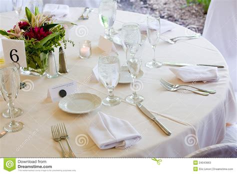The beverage, soup and/or dessert spoons are to the right of the knife or can be brought to the table when soup or dessert is served. Wedding Table Set For Fine Dining Stock Image - Image of ...