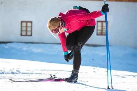 Cross Country Skier Putting On The Ski Close Up Shot Stock Photo Image Of Gear Closeup
