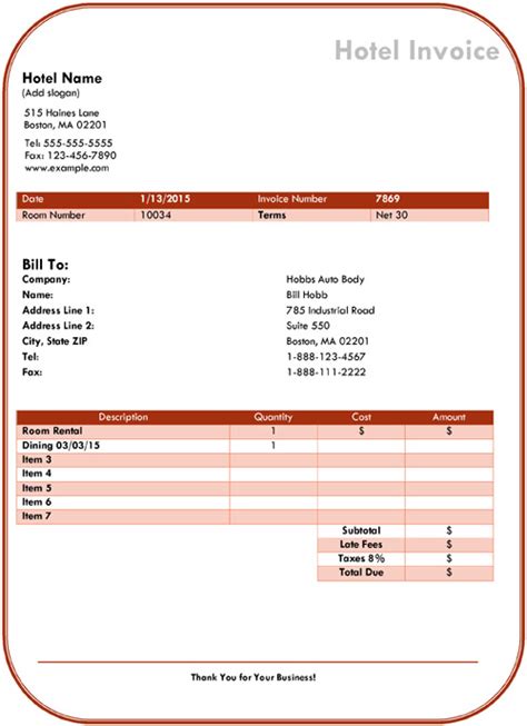 Hotel Invoice Sample 6 Download Free Templates For Pdf Word