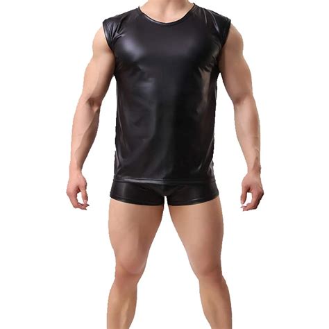 Buy Tanhangguan Mens Sexy Faux Leather Vest Undershirt Tank Top Short