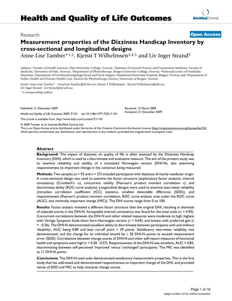 Pdf Measurement Properties Of The Dizziness Handicap Inventory By