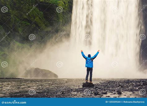 Man Near Waterfall Stock Photo Image Of Fall Green 135559544