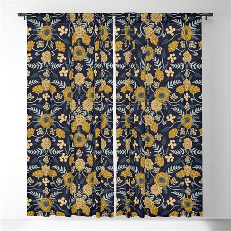 Navy Blue Turquoise Cream And Mustard Yellow Dark Floral Pattern