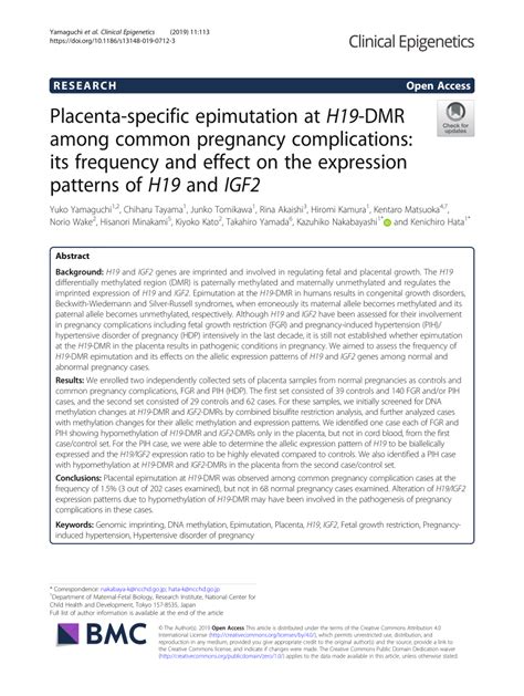 Pdf Placenta Specific Epimutation At H19 Dmr Among Common Pregnancy