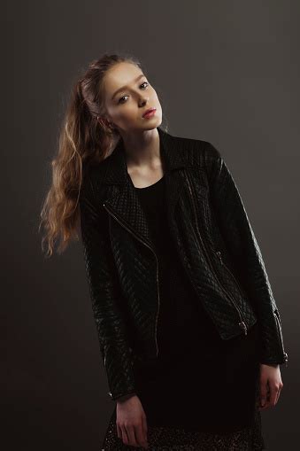 Stunning Young Model Posing For Model Tests In Leather Jacket Stock