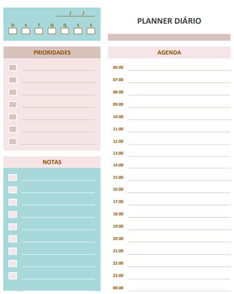 Planner Diário para Imprimir 10 Modelos Grátis Excel Easy