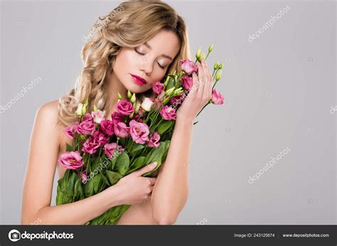 Tender Naked Beautiful Blonde Woman Posing Spring Eustoma Flowers