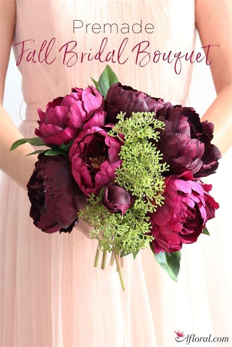 this gorgeous bouquet features artificial peonies in purple eggplant and plum light green sedu