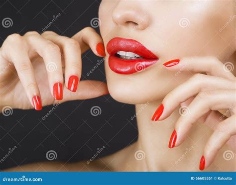 Beautiful Young Girl With Red Lips And Red Nail Polish Stock Image Image Of Lipstick Care