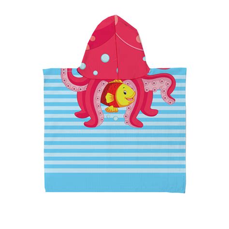 Kids Personalised Hooded Towel Poncho Octopus Fish Childrens Bathrobe