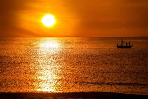 Fishing Boat In The Sea And Sunrise In Morning Stock Photo Image Of